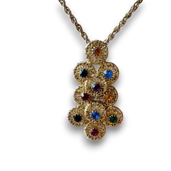 Vintage Jewelry - Vintage Multi Color Rhinestone Filigree Statement Pendant Necklace 23 Inch Chain